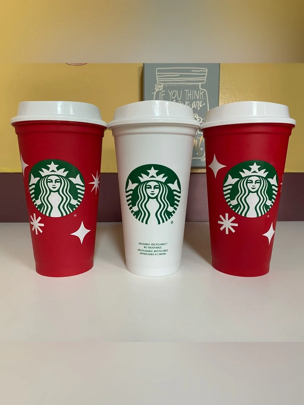 3 - 16 oz Starbucks reusable plastic coffee cups